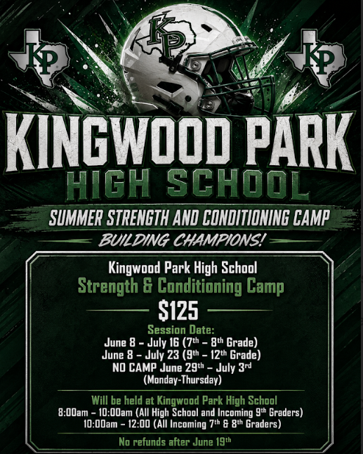 KPark_Football's tweet photo. Enjoy a week off next week!!!  But, in the meantime sign up for our SAC camp and be ready for the season that is building!!!
@HumbleISD_Ath 
@HumbleISD_KPHS 
@KingwoodCougars 
@KpBooster 
@KMSBoosterClub 
#bettertogether
#kpfamily https://t.co/pyzb6bFCwC