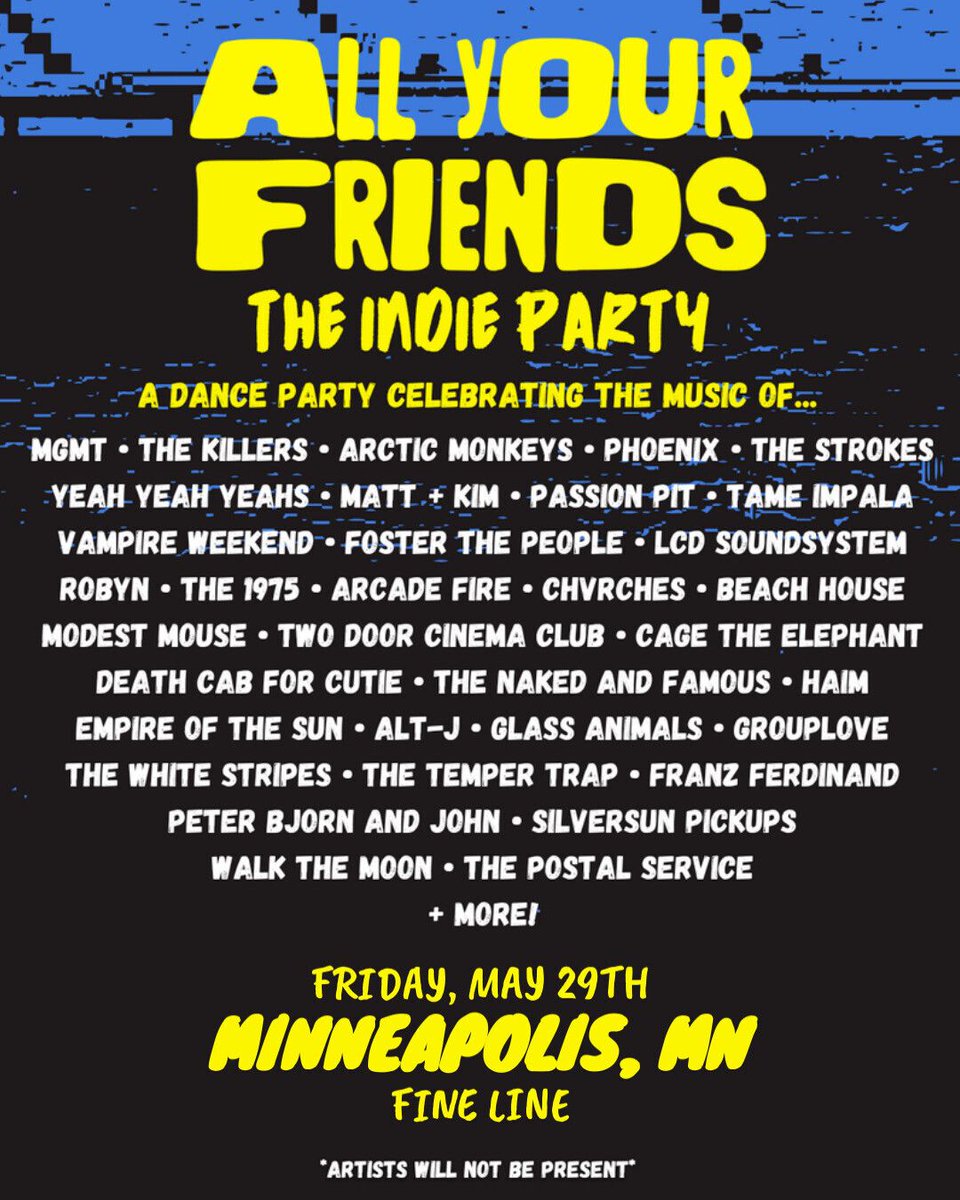 FineLineMPLS's tweet photo. Tonight is for All Your Friends! An indie dance party for the ones who still romanticize a scratched iPod, American Spirits, and a blurry night scored by Bloc Party and Crystal Castles. 

Get your crew together &amp; let's sing our hearts out → https://t.co/ZM8TAQkmCJ https://t.co/L6UCmyCpbX