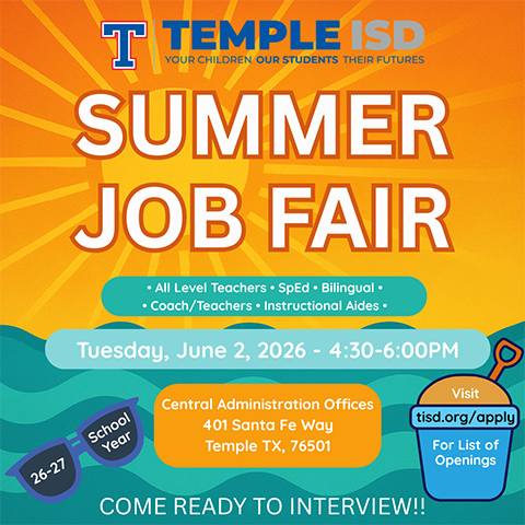 TempleISD's tweet photo. The TISD job fair is on Tuesday, June 2, 2026. 
TISD Administration Building
4:30 PM-6:00 PM

Access the TISD Employment page here: 
https://t.co/ef2b50fy9I https://t.co/HgZvVEumBM