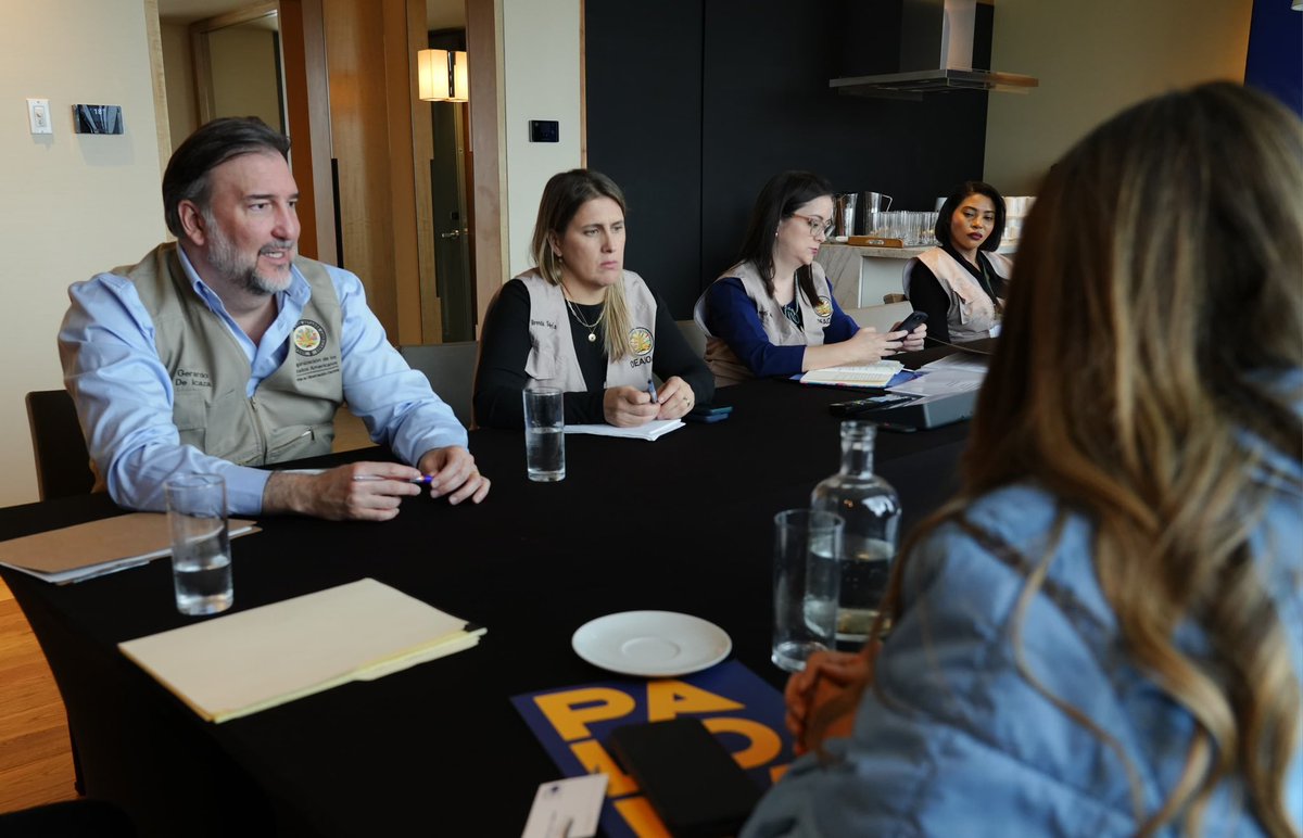 OEA_oficial's tweet photo. La candidata presidencial @PalomaValenciaL, junto a integrantes de su equipo de campaña del @CeDemocratico, expuso sus consideraciones sobre el proceso electoral al Jefe de la Misión Electoral  #OEAenColombia, @LeonelFernandez, durante su encuentro de hoy. 🇨🇴 #Elecciones2026 https://t.co/tpgF15vUEO