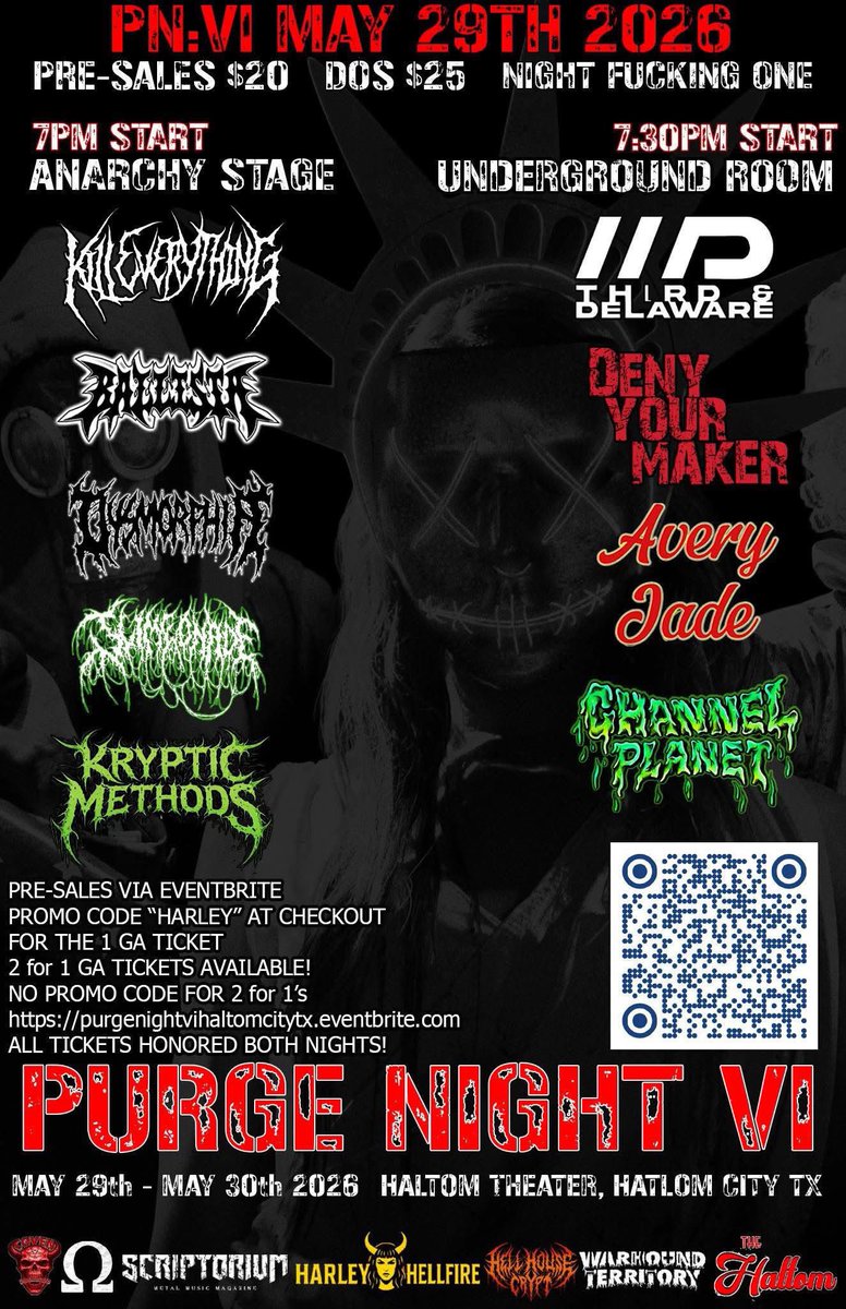 TheOneTrueDevil's tweet photo. Purge Night VI starts tonight at the Haltom Theater and STD plays tomorrow night on the main stage at 9p. 2 Nights of Metal for one low price. Don’t miss it. 
@TheOneTrueDevil @thehaltomtheater @Coven_BrimDFWTX https://t.co/ZL7jkFXUyT