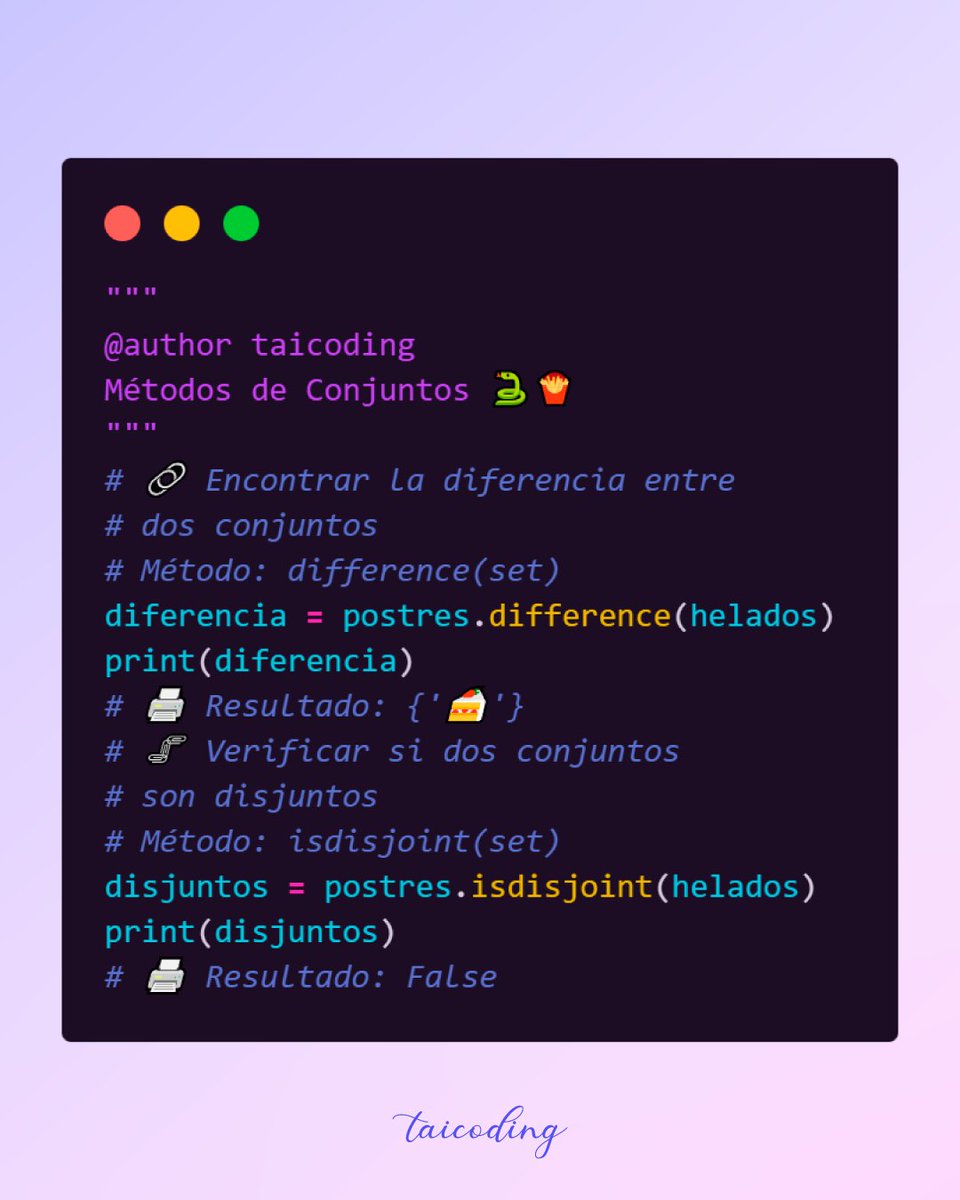 taicoding's tweet photo. ¿Sabías que puedes realizar operaciones de conjuntos en #python? 🤓
Descubre cómo realizar operaciones de conjuntos con los métodos de esta potente estructura de datos en este post ⭐️🐍🍟

#pythonprogramming #learnpython #techtips https://t.co/b39Y0JKK9B