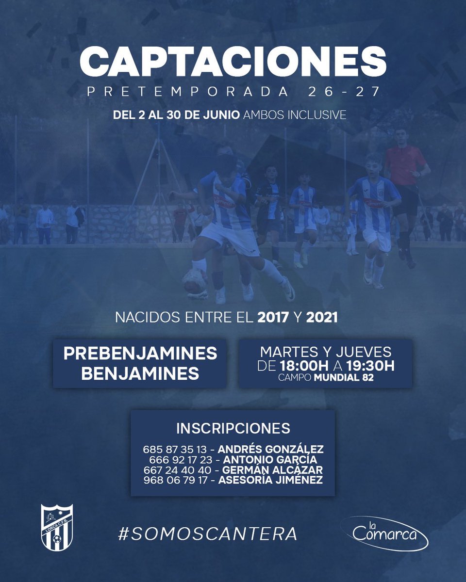 LorcaCFB's tweet photo. CAPTACIONES | Pretemporada 26-27

La próxima semana arrancan las captaciones de prebenjamines y benjamines del 2 al 30 de junio, ambos inclusive.

👉🏼 Nacidos entre el 2017 y 2021
📆 Martes y jueves de 18:00h a 19:30h
🏟️ Mundial 82 (La Torrecilla) 

¡Os esperamos!

#SomosCantera https://t.co/SRZS7ZCH6Y