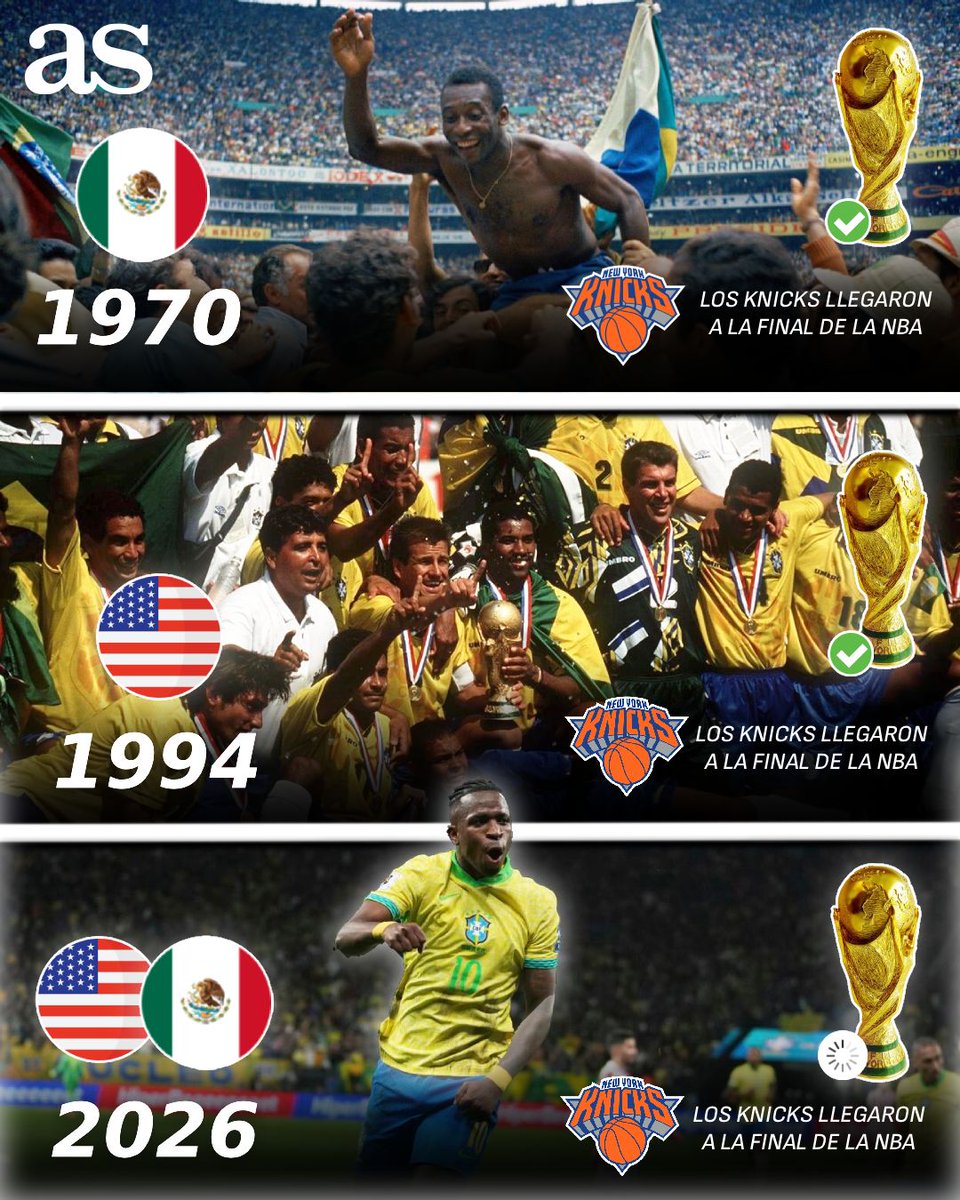 ASMexico's tweet photo. ¿SE VIENE LA SEXTA? 🇧🇷🏆🏀

Hay dos coincidencias loquísimas que nos dicen que la Canarinha se proclamará campeona de la Copa del Mundo... ⚽️

🇲🇽 En 1970: El Mundial tuvo lugar en México y los Knicks llegaron a las finales de la NBA. El resultado... Brasil Campeón

🇺🇸 En 1994: Estados Unidos fue sede del Mundial, los Knicks avanzaron a las finales y Brasil salió campeón

Hoy: Los Knicks ya están en las Finales de la NBA y el Mundial se jugará en México y Estados Unidos... ¿Brasil y Neymar ganarán su mundial? 🤨🇧🇷