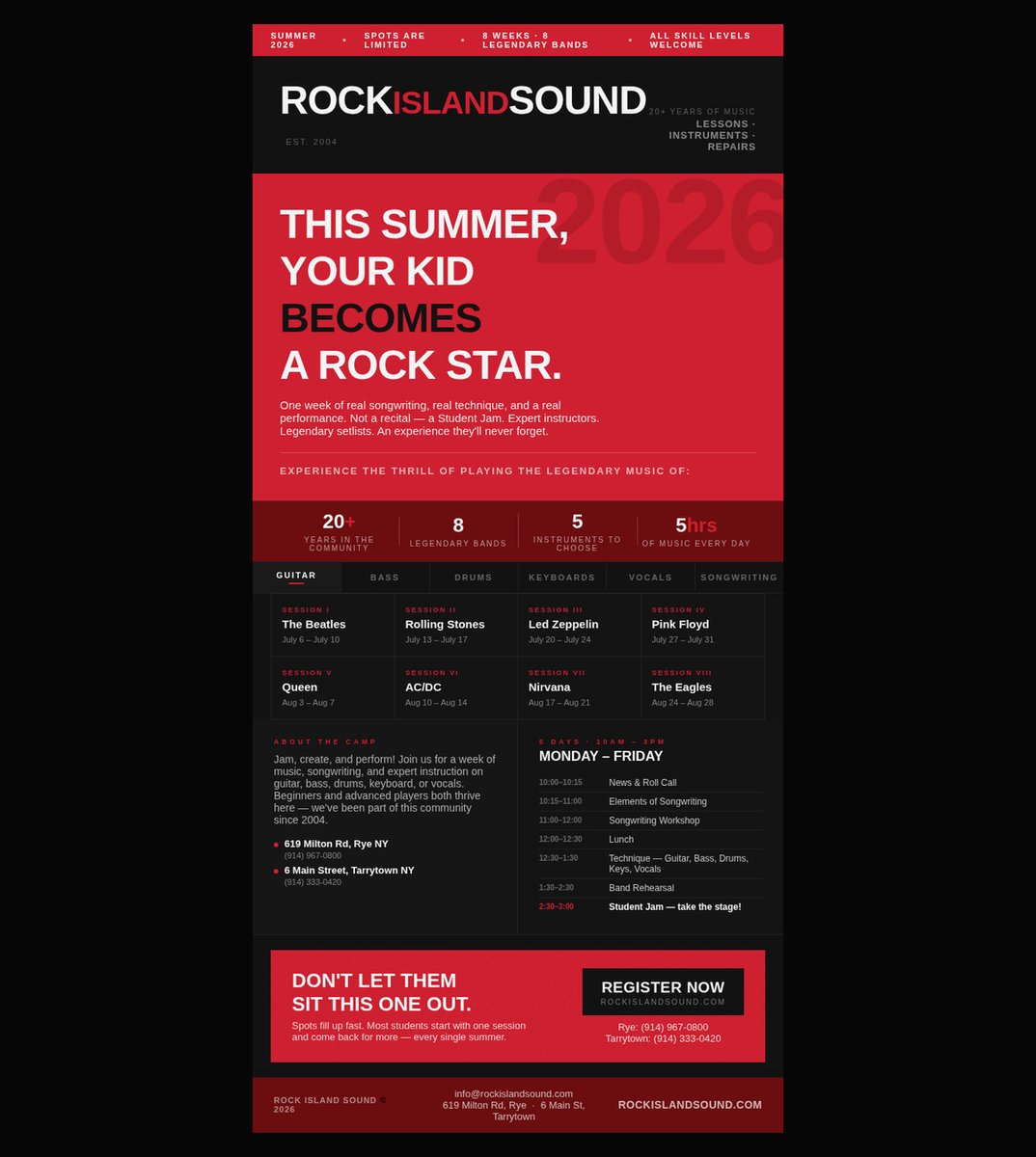 RockIslandSound's tweet photo. POST 2 — THE LINEUP THREAD OPENER🎸 8 bands. 8 weeks. One legendary summer.
Here's the full Rock Island Sound Summer Camp 2026 lineup — and every one of them hits different when YOU'RE the one playing it 👇
Register → https://t.co/3qm16uGCy2 📍 Rye & Tarrytown NY · July 6–Aug 28
#SummerMusicCamp #RockIslandSound #RockAndRoll #MusicCamp2026 #WestchesterNY