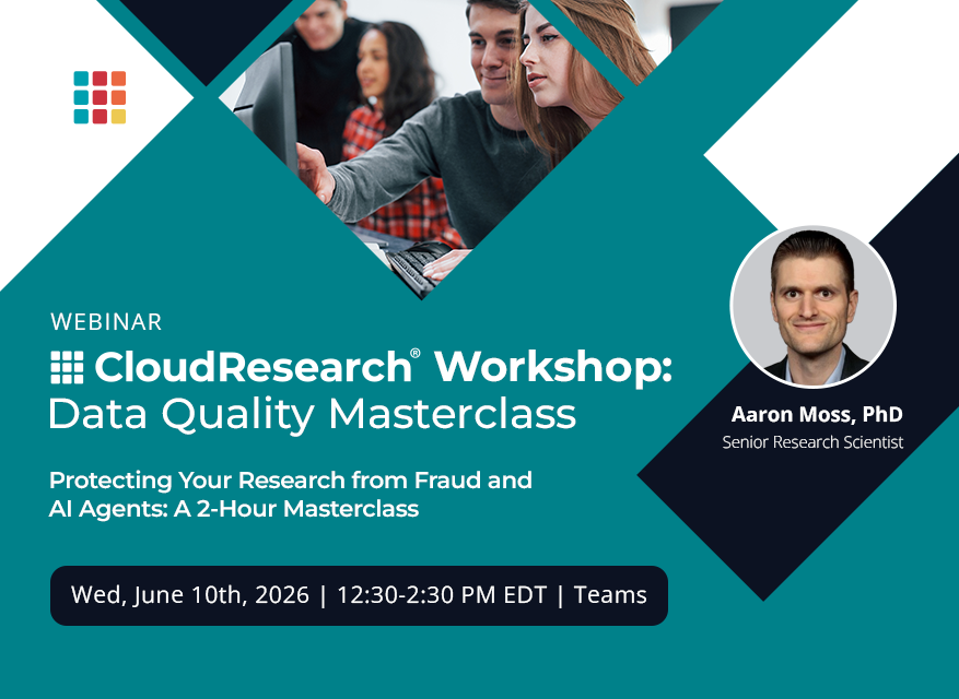 CloudResearch's tweet photo. Bad data doesn’t just add noise to your data. It produces wrong answers. On June 10th, we’re hosting a free 2-hour masterclass on protecting your research from exactly this threat. 

You’ll learn: 
- How fraud affects different types of research studies 
- Survey strategies that catch human fraudsters 
- The AI agent threat—and how to detect it 
- A practical defense strategy you can implement immediately 
📅 June 10 | 12:30-2:30 PM ET | Register Now: https://t.co/uykOMQgU6F
