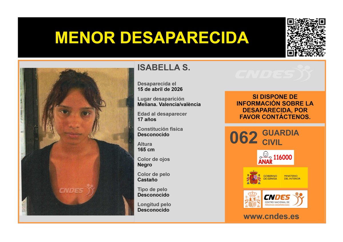 cndes_oficial's tweet photo. ⚠️ 𝘼𝙇𝙀𝙍𝙏𝘼⚠️
🚺MENOR DESAPARECIDA
Edad  17 años
🧐visto por última vez #Meliana #Valencia
🔄 RT para ayudar a encontrarlo
Si lo has visto o tienes pistas 📩https://t.co/1Pd5hZIjId
📞062 @guardiacivil
☎️116000 ANAR
🔗 Canal oficial @cndes_oficial
#menordesaparecido https://t.co/5GefzlbcLw