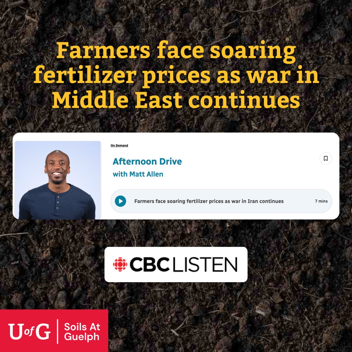 SoilsAtGuelph's tweet photo. The price of fertilizer is rising due to the war in the Middle East, and farmer Norm Lamothe, from Woodleigh Farms near Peterborough shares how he manages the rising cost in a climate efficient manner.

Link to Listen: https://t.co/Rwu9RcocuE

@woodleighfarms @AGillespieSoil @OntarioSoilCrop @Uofguelphoac