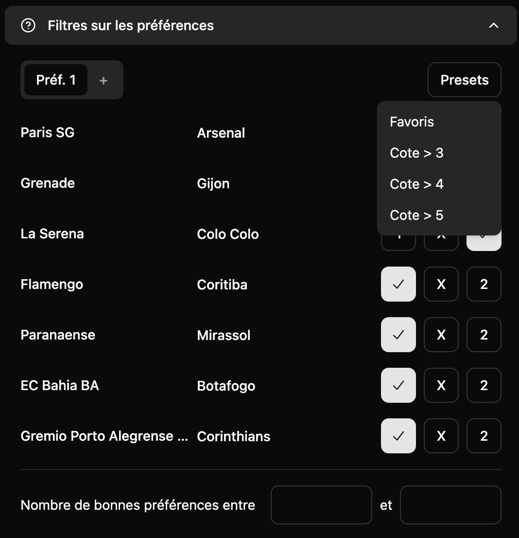 ismoksl's tweet photo. Tu passes trop de temps à remplir tes préférences de Loto Foot ?

Avec les presets, pré-remplis ta grille en un clic : Favoris / Cote > 3 / 4 / 5 !

Un preset qui te manque ? Partage ton idée en commentaire 👇

Dispo sur https://t.co/5skaB353t7

#TeamParieur https://t.co/a4u5HojHp2