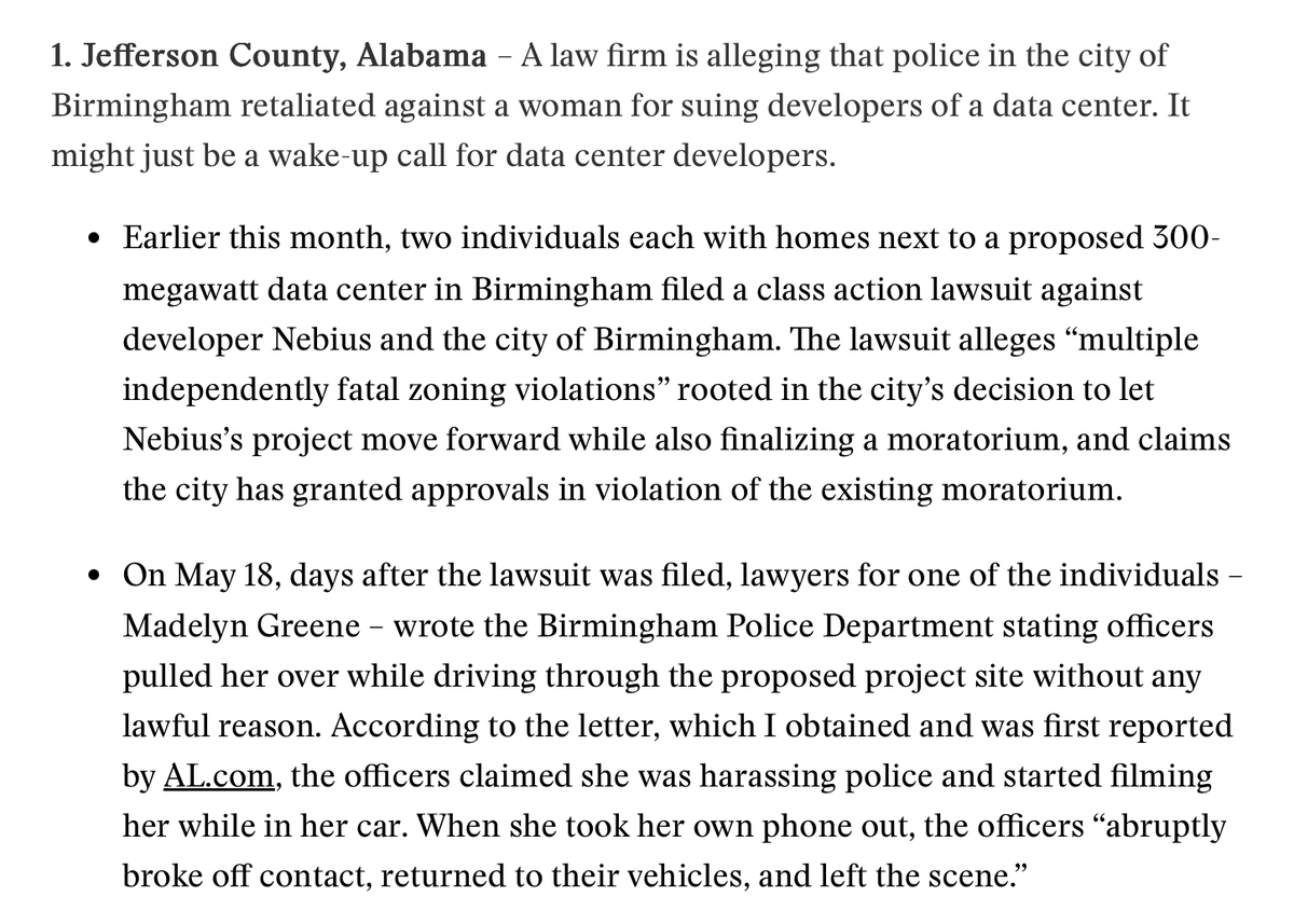 jaeporeon's tweet photo. police retaliation against data center protestors? 

an alabama law firm claims their client was targeted by birmingham city police for filing a class action lawsuit against the approval of a data center

some of my reporting today @heatmap_news https://t.co/QmW5cGqnii