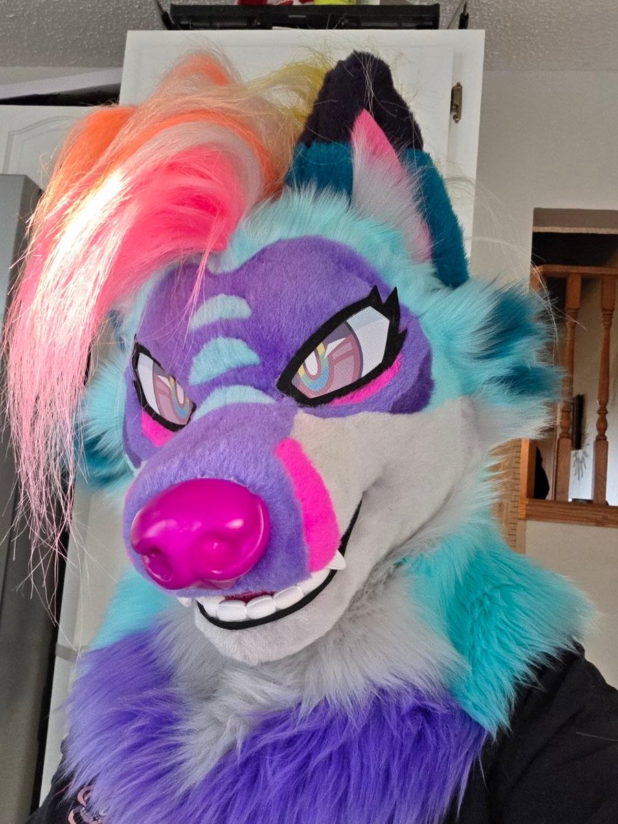 VapourwaveHyena's tweet photo. Vapourwave V2 is done!!! 
Made by Me AKA @Eelowyn (Dragons Den Fursuits!) 
with Multicolorbark eyes and a headbase! Nose from @DvC_Ciara https://t.co/cIIYQ34dHz