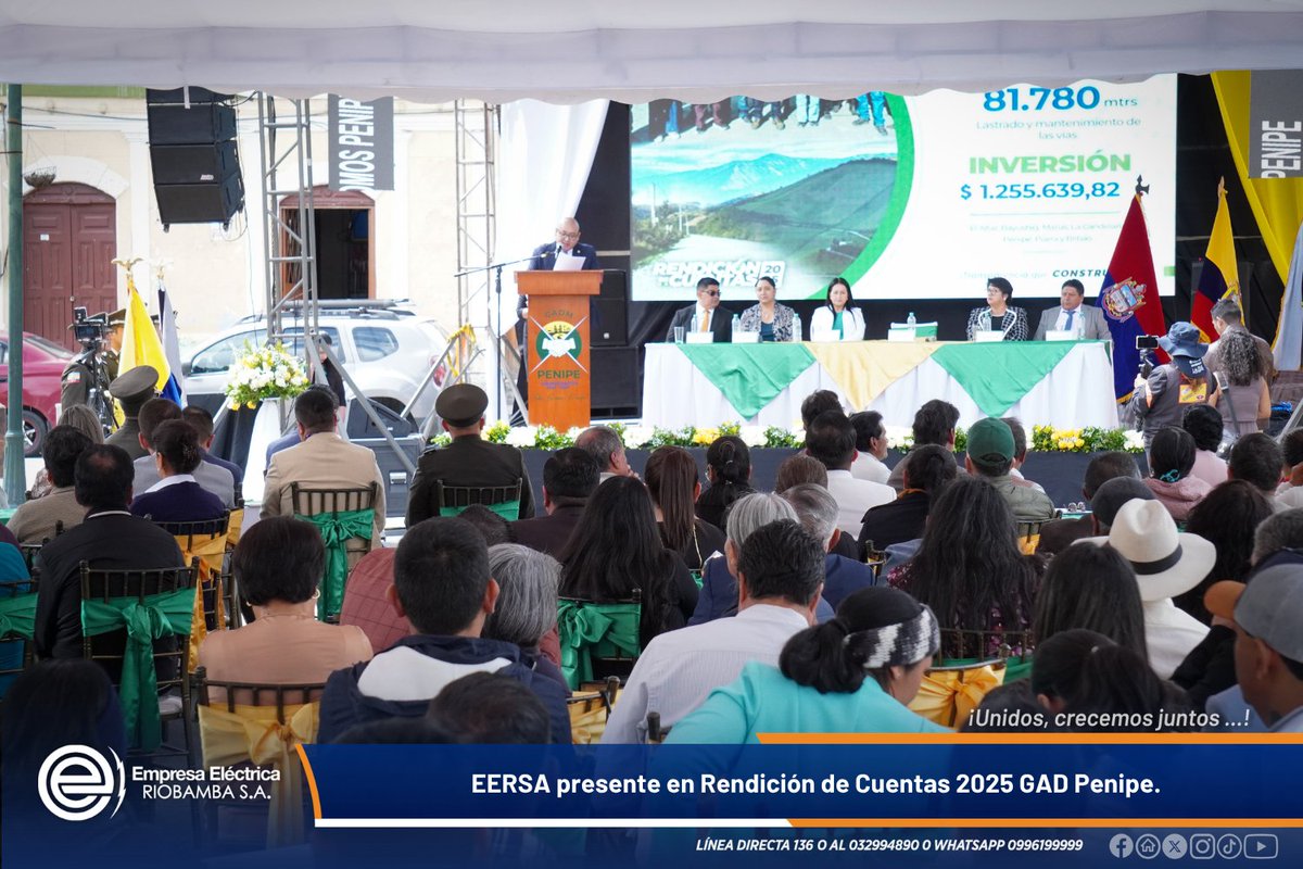 EERSA_EC's tweet photo. 𝐂𝐨𝐦𝐩𝐫𝐨𝐦𝐢𝐬𝐨 𝐜𝐨𝐧 𝐞𝐥 𝐝𝐞𝐬𝐚𝐫𝐫𝐨𝐥𝐥𝐨 🤝🏛️| @Tony_Coronel  gerente de #LaNuevaEERSA, participó en el evento de Rendición de Cuentas 2025 del GAD Municipal de Penipe, fortaleciendo los espacios de diálogo, transparencia y trabajo conjunto en beneficio de la ciudadanía ⚡🙌.