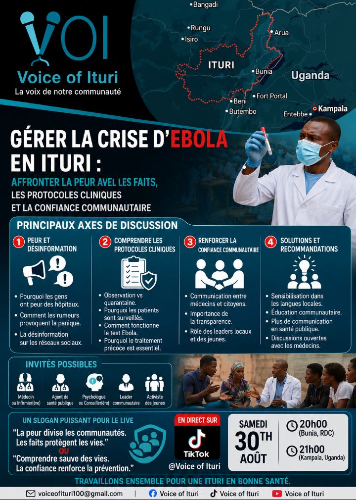 VoiceofIturi1's tweet photo. A conscious community is a protected community.

Join us this Saturday on Voice of Ituri as we discuss Ebola, truth, prevention, and collective responsibility.

🕗 8PM Bunia | 9PM Kampala https://t.co/vMvQVPh9ju