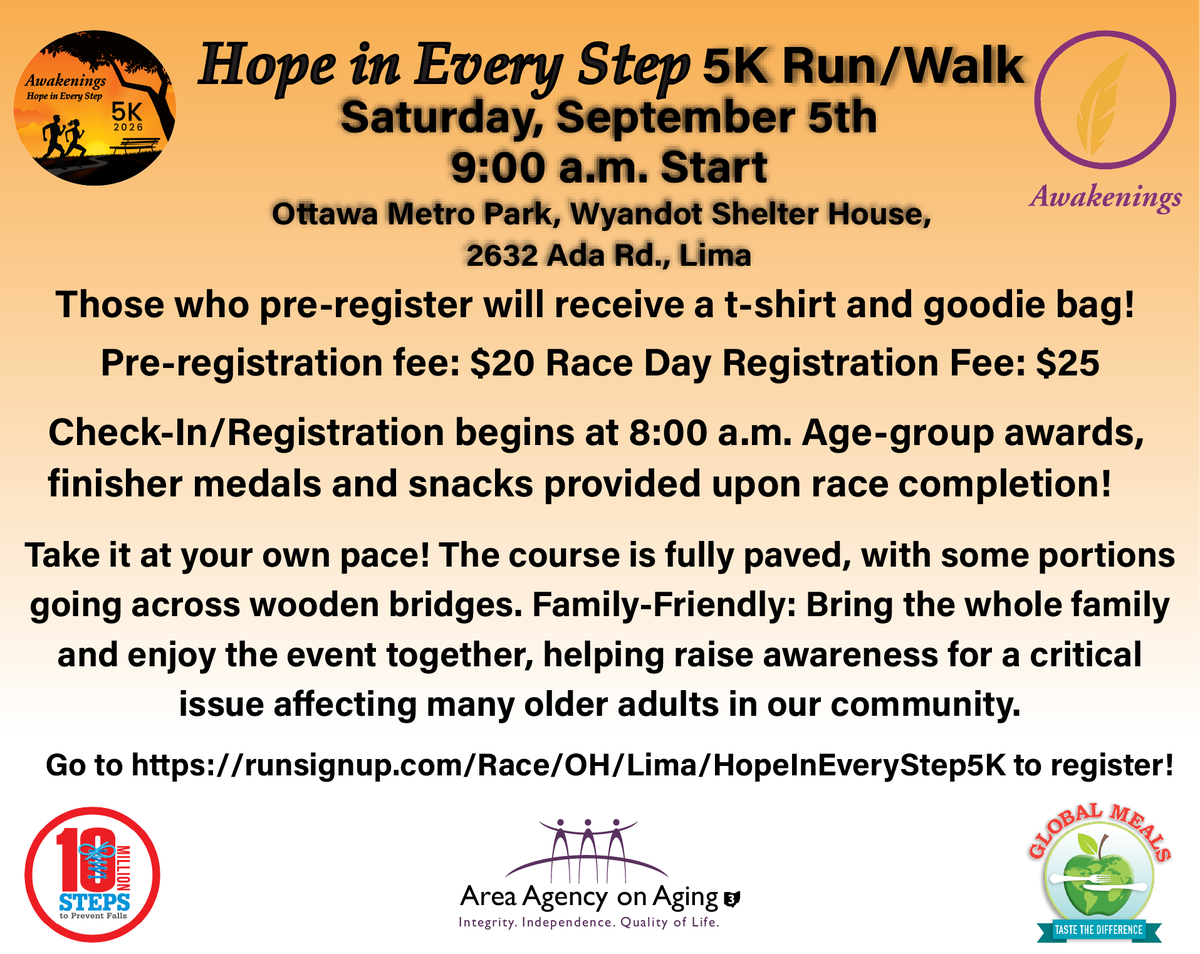 AAA3Ohio's tweet photo. It's never too early to start gearing up for the Hope in Every Step 5K Run/Walk! This year's annual event will also be a starting point for our 10 Million Steps Campaign! Register now and help support older adults. https://t.co/JjlmSKbTDH