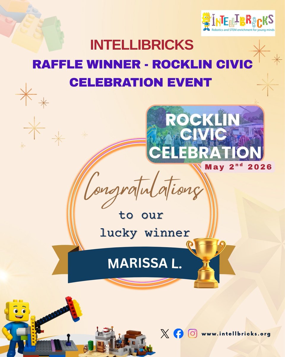 IntelliBricks's tweet photo. 🎉 Raffle Winner Announcement 🎉

Thank you to everyone who visited the IntelliBricks stall and participated in our raffle contest during the Rocklin Civic Celebration on May 2, 2026!

🏆 Congratulations to our lucky winner: Marissa L. https://t.co/QvR2uiIMIf