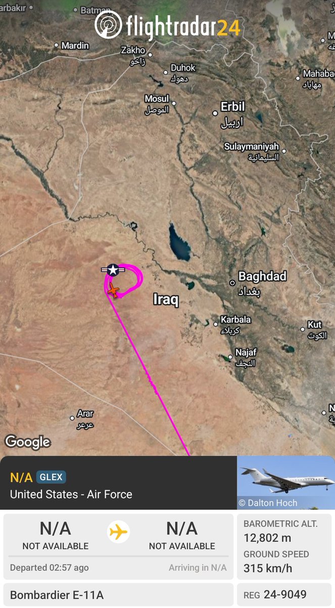 Intel_Sky's tweet photo. The Digital Artery of War Activates Critical Flight of the Strategic E-11A Communications Aircraft Over Iraq

Intensive circular holding patterns by a US Air Force Bombardier E-11A over western and central Iraq, having arrived from a southern trajectory.
This aircraft is the Pentagon's trump card in joint battle management, carrying the Battlefield Airborne Communications Node (BACN) payload. It functions as a massive airborne digital translation and wireless relay station. It enables B-2 stealth bombers and F-35 fighters to directly coordinate and instantly exchange targeting data and tactical plans with naval vessels, ground forces, and command centers, seamlessly overcoming terrain obstacles and severe electronic jamming.
The deployment of this platform, coinciding with the US President convening in the Situation Room and the total collapse of de-escalation efforts, stands as the most prominent tactical indicator yet. It signals the immediate activation of combat corridors and the securing of vital network links for massive aerial and missile strike packages preparing to execute major offensive operations across the theater.