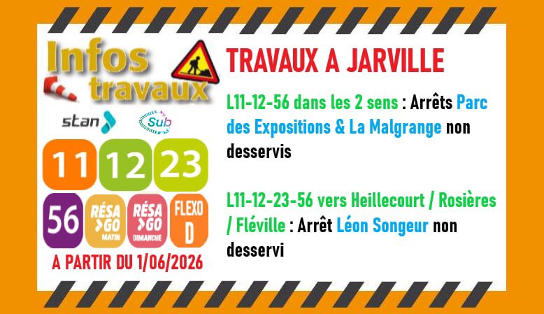 InfosBusNancy's tweet photo. 🚧 INFO STAN-SUB Lignes 11-12-23-56 - Resago Matin - Resago Dimanche - Flexo D : Travaux à Jarville à partir du 1/06/2026
❌ Arrêts Parc des Expositions &amp; La Malgrange dans les 2 sens + Léon Songeur vers Heillecourt non desservis https://t.co/yMHBSrVstq