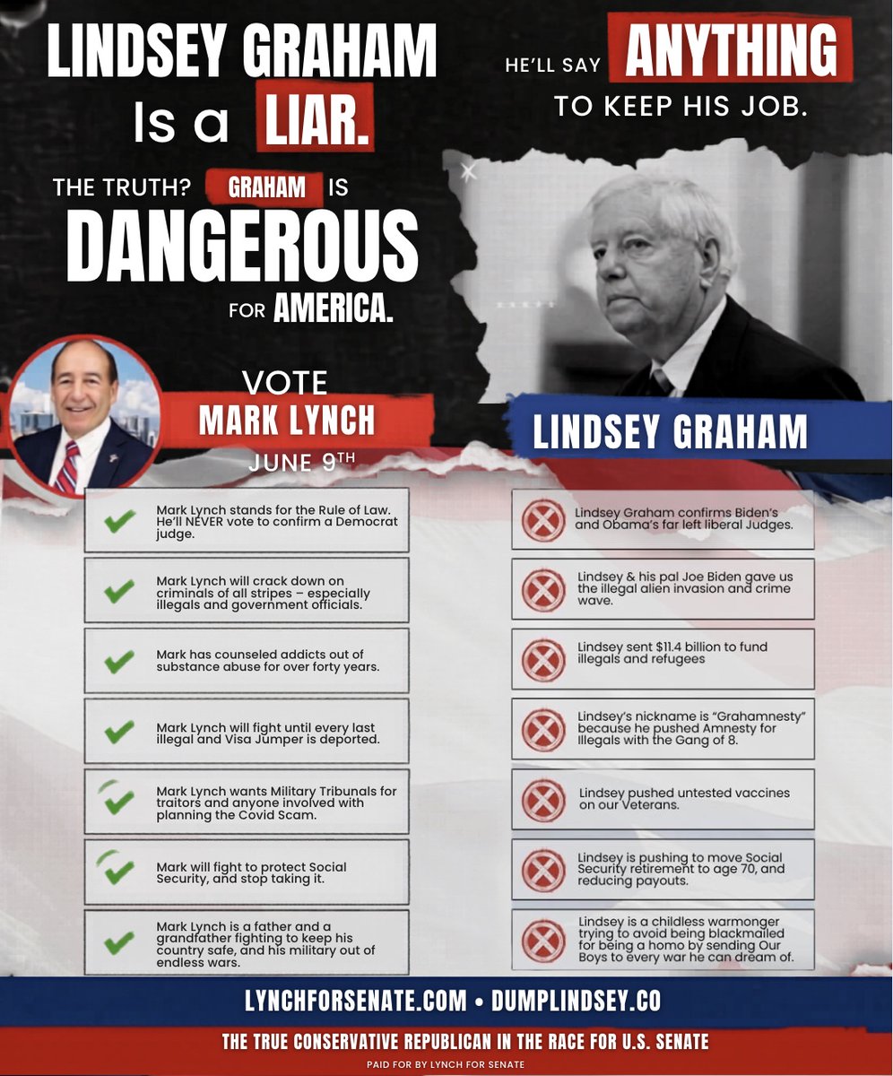 MarkLynchSC's tweet photo. On June 9th, you have an opportunity to elect a true conservative.

An America First candidate who believes in God, the Constitution, secure borders, fiscal responsibility, and putting South Carolinians before the political establishment.

Don't sit this one out.

Vote Mark Lynch on June 9.