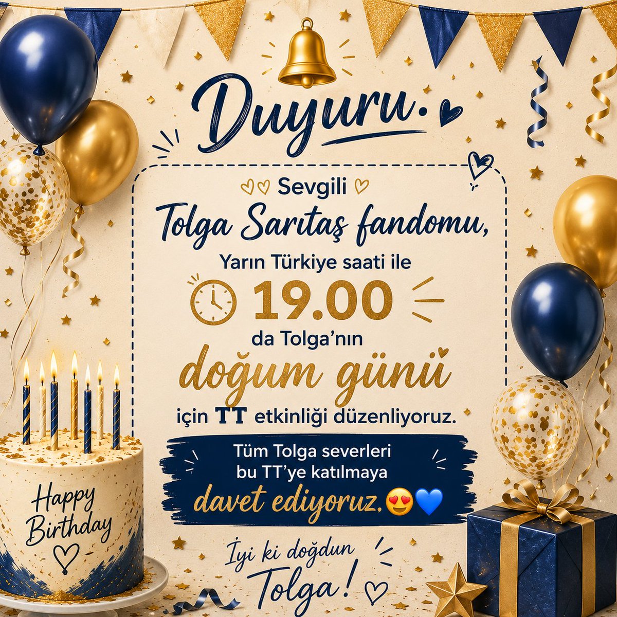 tolgasaritasetk's tweet photo. 🔔Duyuru:

Sevgili Tolga Sarıtaş fandomu, Yarın Türkiye saati ile 19.00 da Tolga’nın doğum günü için TT etkinliği düzenliyoruz. Tüm Tolga severleri bu TT’ye katılmaya davet ediyoruz.😍💙

#TolgaSarıtaş #Teşkilat #HilAl https://t.co/kxzWnCSimp