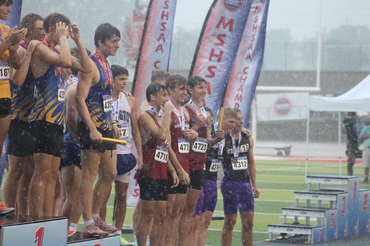 ByJoeAndrews's tweet photo. The group said they earned the medal for typical relay member Travis King, who suffered an injury leading up to state. 

They were the lone group to take the podium today, with evacuation taking place shortly after. https://t.co/2dQvjYwxrk