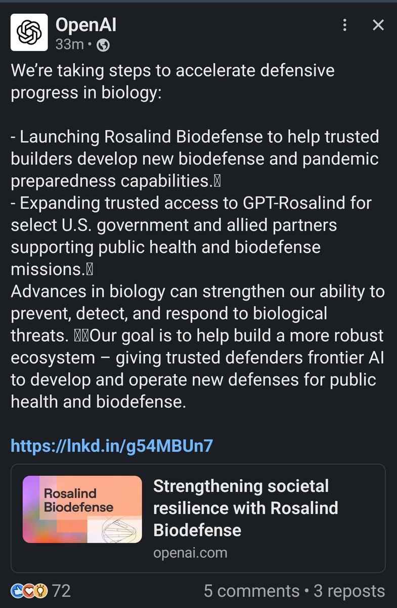 VeryMuchCutler's tweet photo. 🐸
What is going on at your company @OpenAI?

Your public announcement for your shiny new biodefense initiative went live with OBVIOUS SPACING ARTIFACTS after sentence-final periods, including weird Unicode line-separator artifacts on mobile. In places, the spacing appears to run up to three characters.

To a regular reader, that looks sloppy. To anyone who has actually shipped products, it looks embarrassing. And to anyone familiar with so-called “AI”, we have strong reason to suspect a chatbot draft got pasted into public view without a serious human pass!

You are selling control over high-stakes outputs while your own biodefense announcement visibly loses control in public, out the gate!

Any public product announcement should show basic release discipline. In biodefense and public health, the standard gets way higher. WAY!

Did any HUMAN with release authority read the final post before it went live?!

COVID-19 already taught the entire world what happens when trust, messaging, documentation, and institutional credibility start wobbling during a biological emergency.

So when a biodefense announcement from a company selling so-called “AI” visibly ships with uncontrolled formatting artifacts, the concern writes itself: What *ELSE* made it through review? 🤔

If a client showed me any public-facing product announcement with this kind of artifacting, I would flag it immediately. And I’m in product development and regulatory; if my friends in MedTech/biotech marketing saw this...I’m pretty sure they would start flipping tables.

The product you are selling is supposed to provide assurance over high-stakes token-level outputs.

Spaces, line separators, and formatting artifacts are part of the text surface your systems parse, tokenize, produce, and transmit.

You are asking the public to trust you on biodefense at the exact layer where your own public announcement visibly loses control! 🤡 Ugh! I can’t even!

Screenshot included in case any human being at @OpenAI  eventually looks at the post.