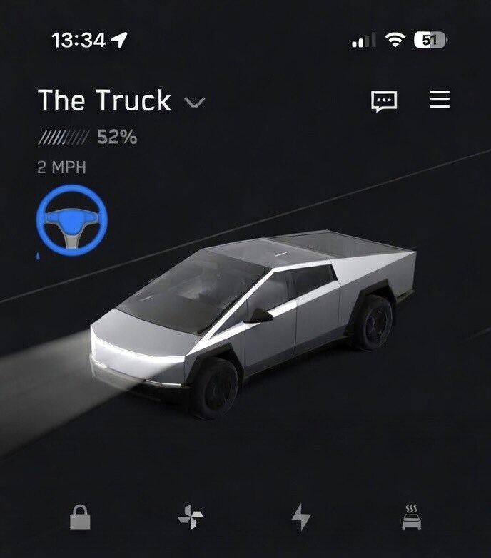 QChard's tweet photo. @elonmusk @Tesla Feature request for the Tesla app: Show the blue FSD steering wheel icon next to the speed when Full Self-Driving is active (e.g. “2 MPH [icon]”). 

Helps owners instantly know FSD is on, even if someone else is driving. https://t.co/HlCQcDm2U4
