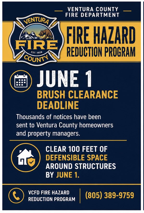 VCFD_PIO's tweet photo. June 1 - Brush Clearance Safety Reminder — As you complete your 100-foot defensible space requirements, Ventura County Fire reminds residents to follow the safety guidelines highlighted in these graphics to help prevent equipment-caused wildfires.

Clear today. Protect tomorrow.

📞 Fire Hazard Reduction Program: (805) 389-9759

#VCFD #DefensibleSpace #WildfirePreparedness #FireHazardReduction
#ZoneZero

@CountyVentura