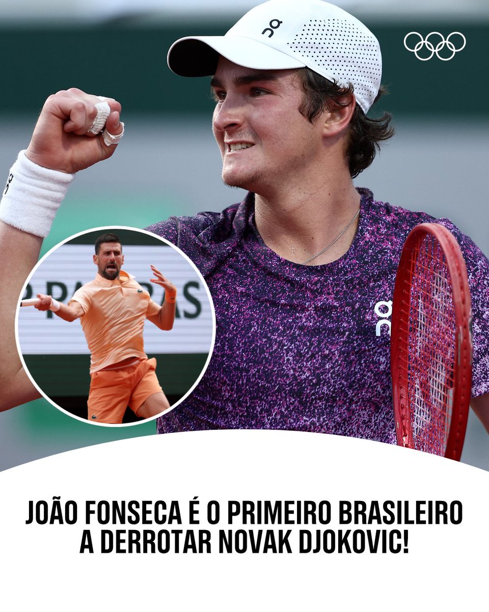 JogosOlimpicos's tweet photo. João Fonseca venceu Novak Djokovic de virada, por 3 sets a 2, na terceira rodada de Roland Garros, quebrando os 100% de aproveitamento da lenda sérvia e atual campeão Olímpico contra tenistas brasileiros! 👏🇧🇷 https://t.co/xYOdBcKp3x