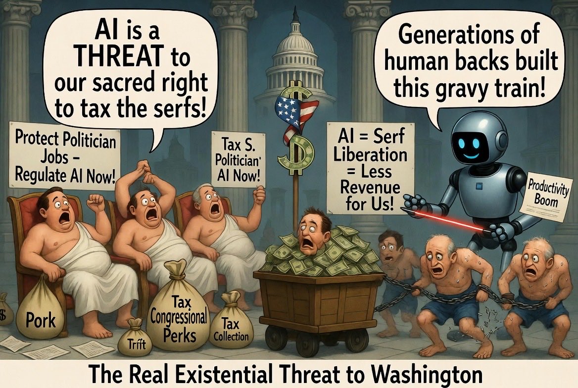 IPSecIntel's tweet photo. What she’s actually saying; 

“ We politicians were made rich off generations of human intelligence and work, intelligent we don’t have and work we refuse to do. 

Intelligence and work we tax, tax and tax. 

AI is a threat to that grift , it’s time to protect our ability to tax the serfs and keep making Congress rich off what they helped build!”

- - - 

I’ve never seen a group of people so afraid of technology and afraid of losing thier power and grift.