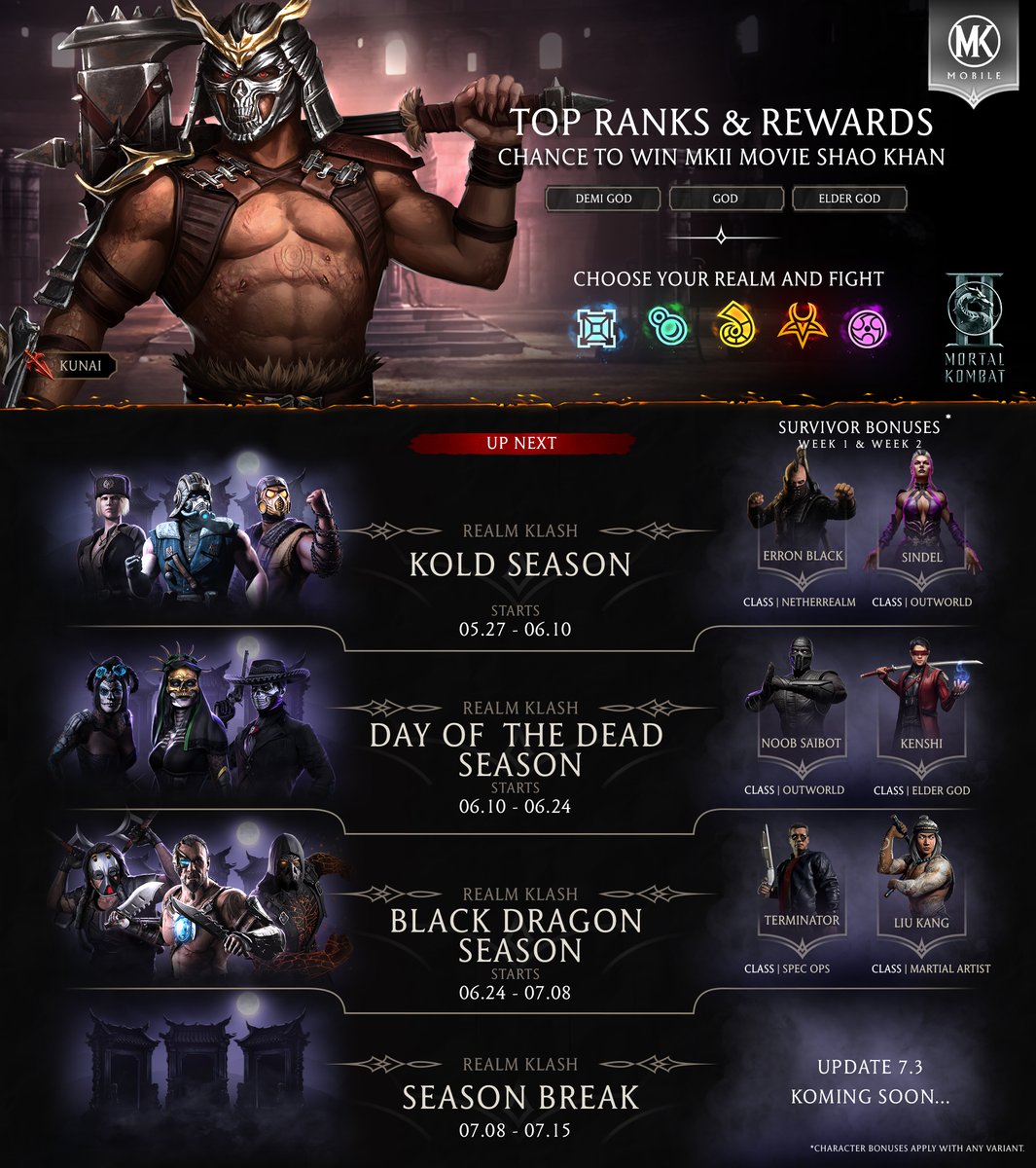 MKMobileGame's tweet photo. The fight for the Realms continues in the Season of the Warlord! Enter new seasons for your chance to earn Diamond #MortalKombatMovie Shao Kahn in #MKMobile. 

The Mortal Kombat II film is now in theaters. https://t.co/4SR8jh61X4