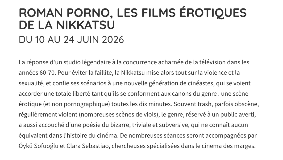 FerideMercury's tweet photo. Genelde burada başıma gelen kötü olaylardan şikayet ediyorum ama arada güzel şeyler de oluyor. :) Haziran ayında Fransız Sinematek'inin @cinemathequefr Nikkatsu Roman Porno programındaki beş filmin sunumunu ben yapacağım! Çok gururlu ve heyecanlıyım.
https://t.co/j59oldzBXZ https://t.co/zmSqwmYBtG