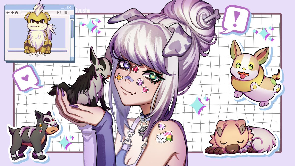 SODAPUPISH's tweet photo. a dog girl who collects dog-type pokemon 💜 💚 #sodartsy https://t.co/o6ZcCCbmCH
