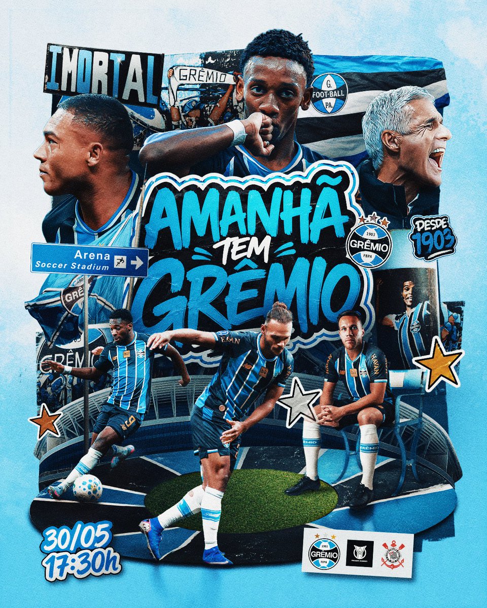 Gremio's tweet photo. AMANHÃ TEM GRÊMIO 🇪🇪 O sábado do Tricolor é na Arena, com muito alento e vibração na arquibancada. É o último desafio antes da pausa para a Copa do Mundo. Te esperamos na nossa casa! 💙🖤🤍

🎫 https://t.co/AzUVMm4mkV

👉🏾 Sócio infantil paga apenas R$5 em todos os setores (exceto camarote);
👉🏾 Gold Premium Sul com o mesmo valor da Gold normal: mais conforto e vantagens pra curtir o duelo;
👉🏾 Sócio Ouro e Diamante pode comprar mais um ingresso com o mesmo desconto da sua modalidade;
👉🏾 Associado Cadeira e Arquibancada Norte pode resgatar um bilhete extra para levar um gremista de graça.*

*Mediante disponibilidade no setor e sem garantia de assentos adjacentes.

#GRExCOR #Brasileirão2026