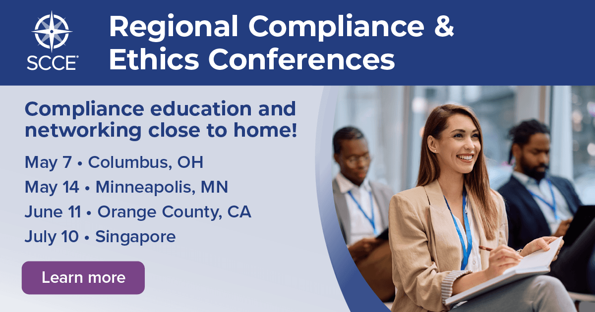 SCCE's tweet photo. 🤝 Learn. Connect. Grow. SCCE Regional Compliance &amp; Ethics Conferences deliver top compliance education and peer networking close to home — so you can earn live CCB® CEUs without the hassle of a major trip.

See if there's a regional conference near you!
https://t.co/hUtYgAbarT https://t.co/8d5kHHOBds