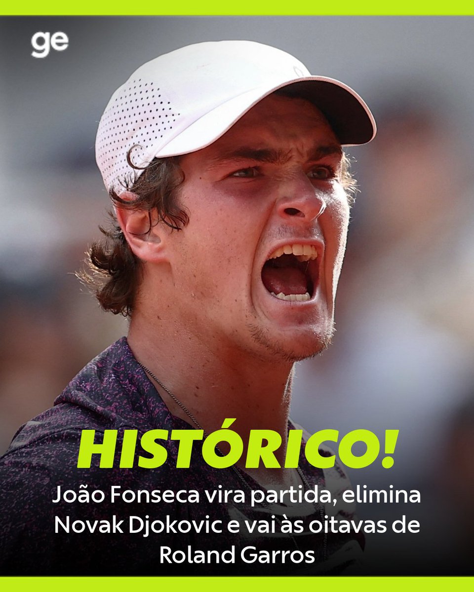 geglobo's tweet photo. HISTÓRICO! João Fonseca bate Djokovic de virada em maior vitória da carreira e vai às oitavas de Roland Garros

Brasileiro de 19 anos arranca virada diante do ídolo depois de estar perdendo por 2 sets a 0  ➡️ https://t.co/DmVnmaQ6hM
