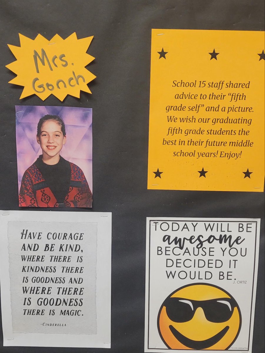 CliftonSchool15's tweet photo. Thank you to our School 15 staff for participating in Mrs. Duarte's Dear Me bulletin board. They gave advice to their fifth grade self and shared their picture. We hope our fifth graders take their advice with them to MS! @cliftonSupt @cliftonschools https://t.co/1K1rCyW4hH
