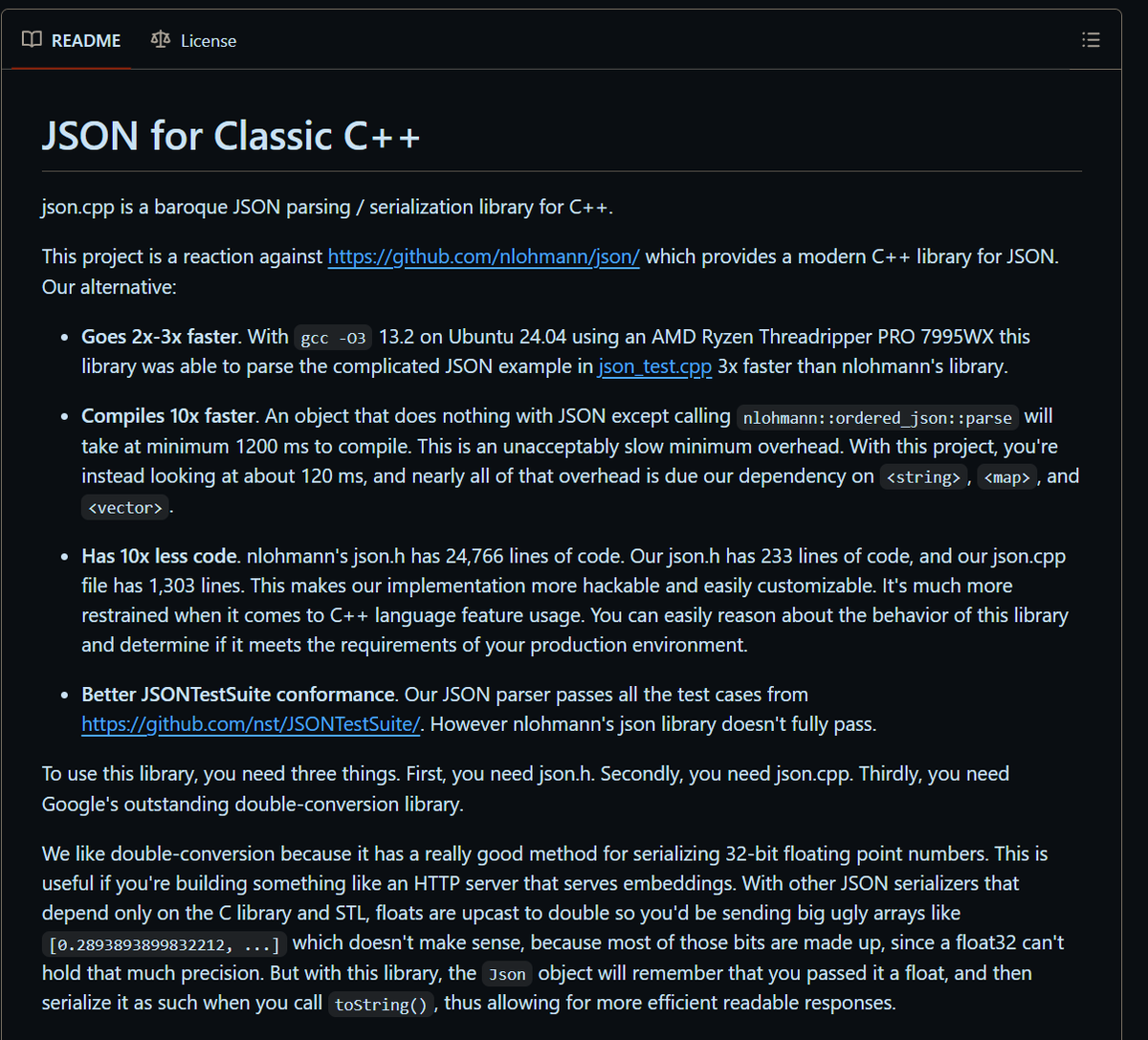 _mamoniem's tweet photo. whoever wrote this intro 3 bulletpoints in the "JSON for Classic C++" repo is a marketing genius!! knows how to properly and perfectly sell a product!!
https://t.co/nFysWGgtx0 https://t.co/fqnsVpcFKi