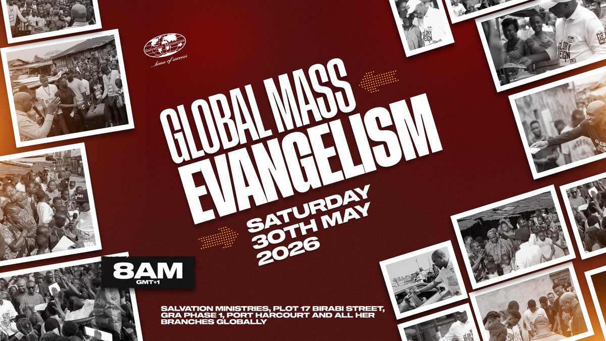 smhosglobal's tweet photo. Tomorrow, we take the Gospel to the streets.
One message, one mission, fulfilling one mandate, and one great harvest.
Global Mass Evangelism!
Date: Saturday, 29th May 2026.
Time: 8:00 AM.
Be part of the move and win a soul.
#SMHOS #GlobalMassEvangelism #MARCHWOSR https://t.co/UtWzuJGkWD