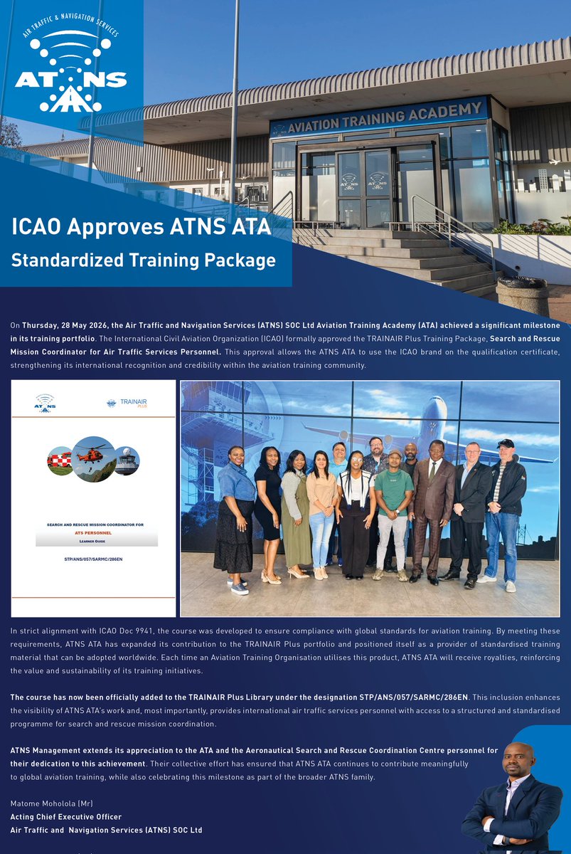 ATNSSA's tweet photo. ICAO APPROVES ATNS ATA TRAINAIR PLUS STANDARDISED TRAINING PACKAGE

#Safeskies
#SearchAndRescue https://t.co/vyYuL6ygWK
