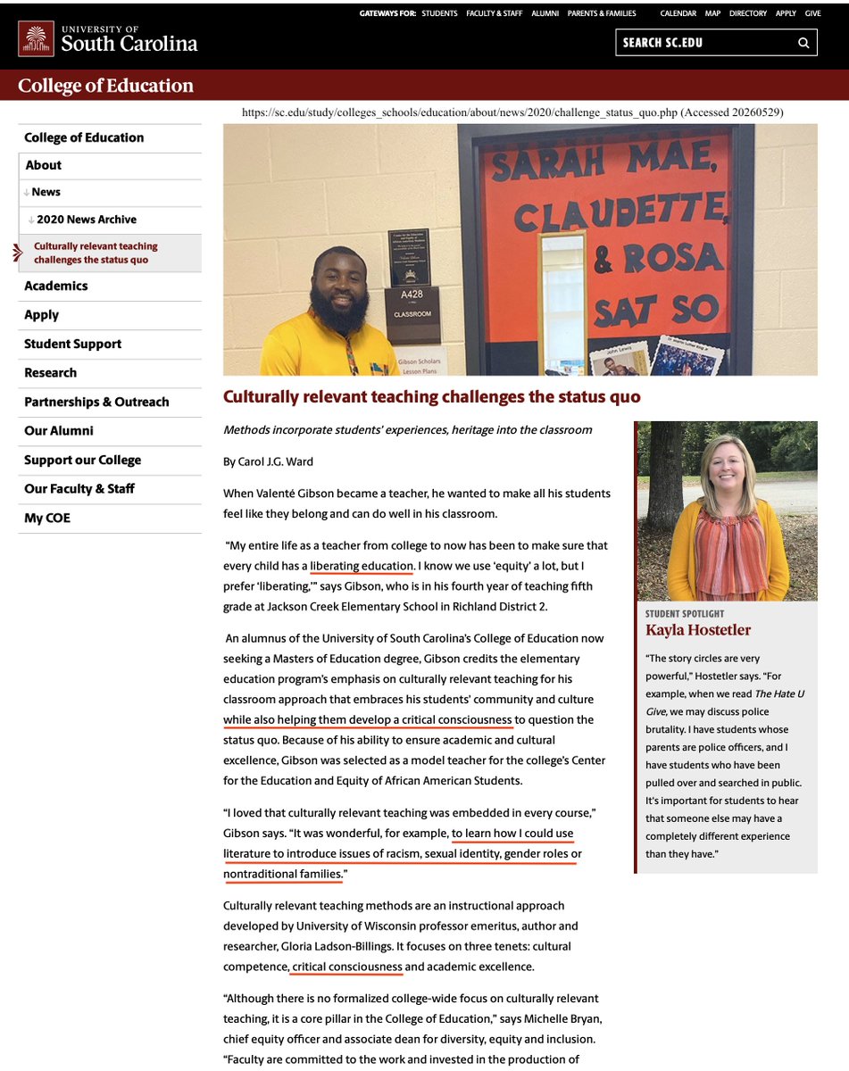 SC_RedLine's tweet photo. 4/ University of South Carolina College of Education is arguably the champion of teaching critical consciousness to our future teachers via culturally relevant pedagogy. This is from 2020, but it's just as relevant today. I've collected a stash of docs on this particular topic. Say the word @SCFreedomCaucus and I'll prioritize report on it.  But, frankly, there's more!