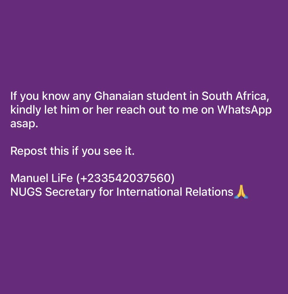 Manuel_LiFe67's tweet photo. Kindly repost this to reach all Ghanaian Students in South Africa 🇿🇦 . 

If the algorithm brings this to you, don’t ignore, be a true patriotic citizen of Ghana by reposting or quoting🇬🇭 . https://t.co/NLAVAbZcv6