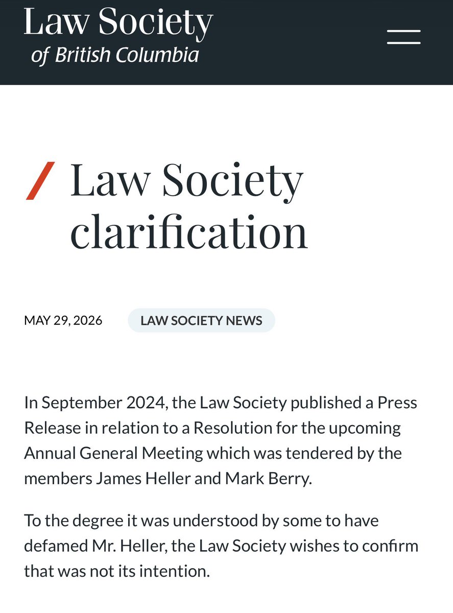 jonkay's tweet photo. This cryptic release from the Law Society of BC relates to its infamous attempt to smear Jim Heller as a racist because Heller pointed out (accurately) that the Law Society was propagandizing members with complete lies (masquerading as educational content) about “unmarked graves” https://t.co/D8KZnkSaC4