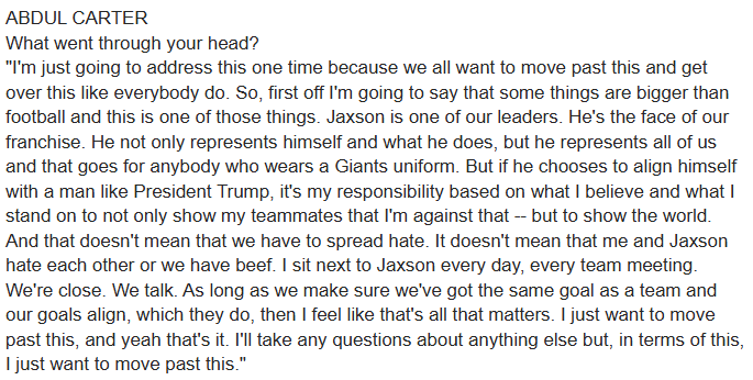 SWhyno's tweet photo. Giants linebacker Abdul Carter's full answer when asked about quarterback Jaxson Dart introducing Donald Trump: https://t.co/0Ff0xITDKU