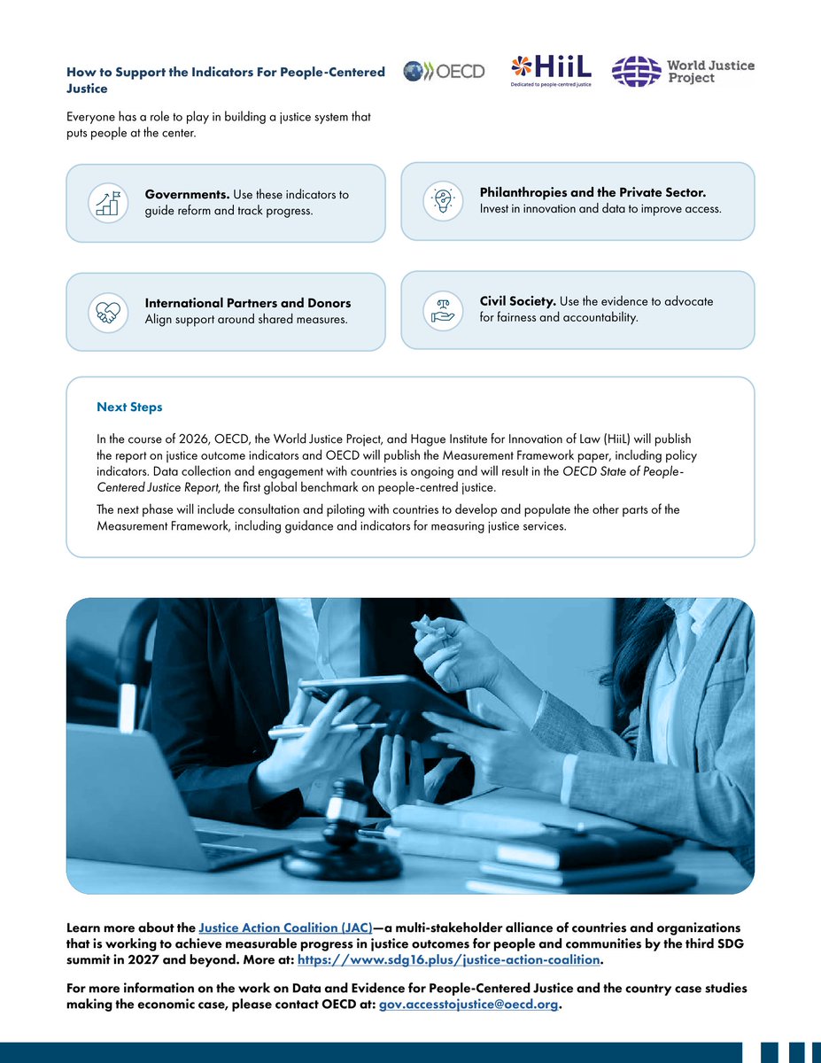 SDG16Plus's tweet photo. 💡 To make sure justice systems deliver for people, communities, and societies, we need to know what matters in people’s lives.

🌍 The People-Centered Justice Measurement Framework Fact Sheet provides a high-level overview of how #JusticeActionCoalition is developing a new global framework—led by @OECD—to understand justice from the ground up.

Download the full fact sheet 📥
https://t.co/7KBXnBa9em

#SDG16Plus #SDG16 #JusticeForAll #PeopleCenteredJustice #SDGs #GlobalGoals