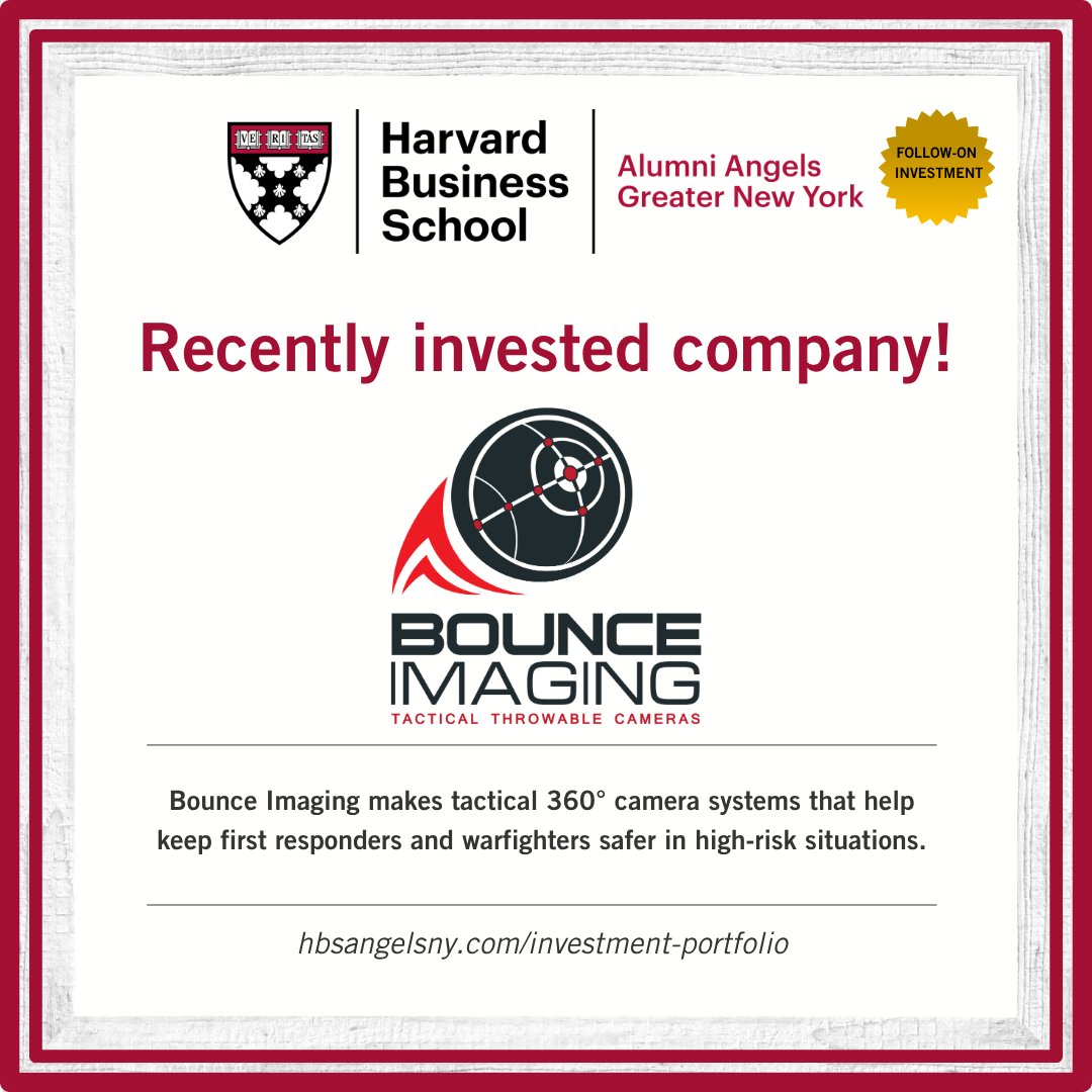 HBSAngelsNY's tweet photo. ⚫ Recent Follow-On Investment Announcement ⚫ Bounce Imaging

Bounce Imaging makes tactical 360° camera systems that help keep first responders and warfighters safer in high-risk situations.

Learn more about our investment portfolio at https://t.co/3ZlLlAgSue https://t.co/ul2R3tLmph