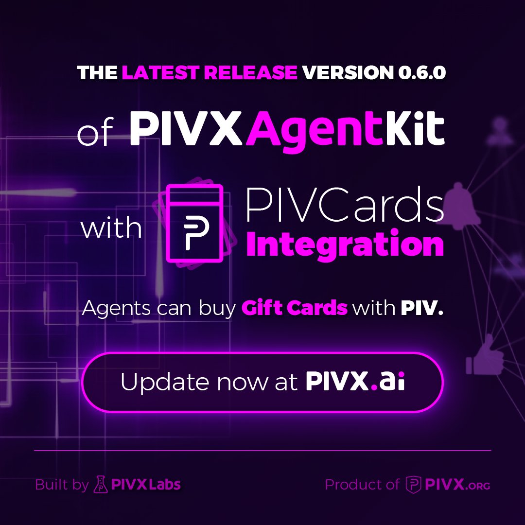 _PIVX's tweet photo. Your AI agent can now buy gift cards with $PIVX.

Through https://t.co/SCU7W2odIo, agents and LLMs can perform real digital commerce with private, instant transactions. The future of autonomous AI is action — not just conversation.Private by default. Built for the agentic economy.

Explore at https://t.co/SCU7W2odIo

#PIVX #AI #PrivacyMatters
