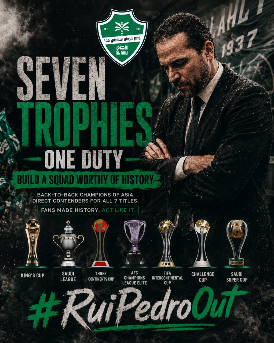 KhShBx's tweet photo. Al Ahli fans are not background noise.

They are the force of this club.
They are the pressure.
They are the standard.
They are the decision makers when the people in charge fail to understand the size of the moment.

Everyone before you knew who Al Ahli fans are.
They knew this fanbase does not accept weakness, silence, or wasted opportunities.

After God, this crowd played a major role in pushing Al Ahli to back-to-back AFC Champions League Elite titles.

Do not ignore the same fans who carried this team through history.

Al Ahli are facing a historic season with seven trophies to fight for.
This is not the time for hesitation.
This is not the time for excuses.
This is not the time for incomplete work.

This squad needs serious reinforcement.
A right back.
A right winger.
An attacking No. 8.
A playmaker.

And the squad also needs quality local players.
Not fillers.
Not names just to complete the list.
Local players who can compete, add depth, and raise the level of the team.

These are not luxury demands.
These are the basic needs of a team that is expected to compete for everything.

Build a squad worthy of Al Ahli.
Or step aside.

#RuiPedroOut
#RuiPedroOut
#RuiPedroOut