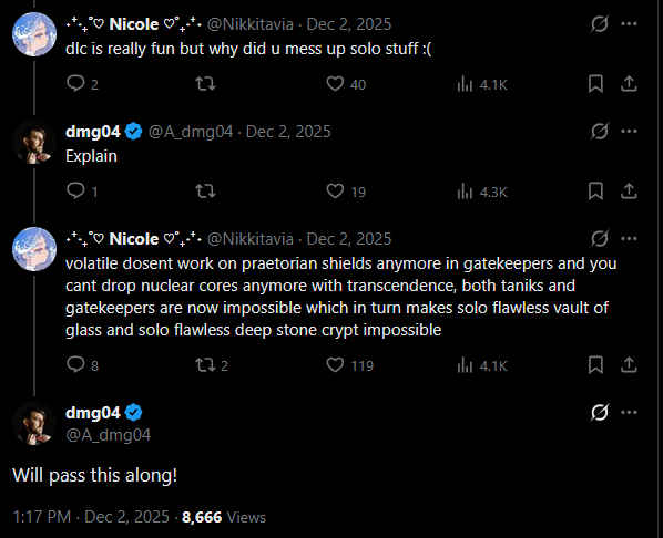 TheSnazzzyRock's tweet photo. . @Destiny2Team @A_dmg04 Any chance on getting an update on if this will be brought back with the new update? Maybe as well if we are losing killshot/its ability to break the mino shields in VOG. A reply would be super appreciated even if its not the answer i wanna hear 🙏 https://t.co/ZY2A2jj0vo