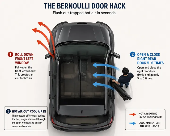 gk_i_am's tweet photo. 7/8 — THE BERNOULLI DOOR HACK 🚪
Before turning on the AC, try this:

Roll down the window on ONE side
Stand outside the opposite side
Open/close that door rapidly (4-5 times)
Then start your AC

What happens? Pressure differential forces hot air OUT.
30 seconds. Pure Magic https://t.co/UCdfnyftaZ