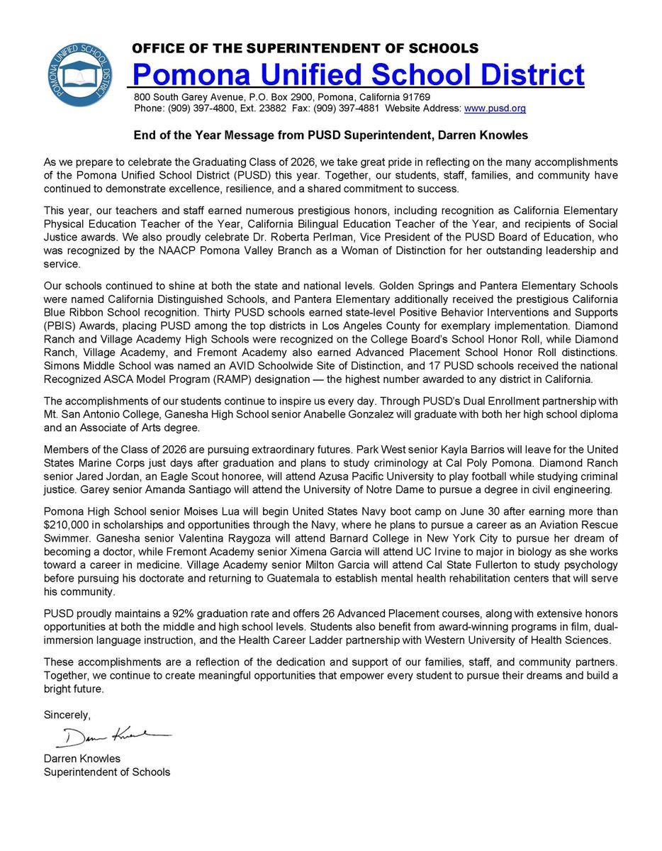DeckerPUSD's tweet photo. Mensaje de fin de año del superintendente del PUSD, Darren Knowles.

Al prepararnos para celebrar la graduación de la promoción de 2026, nos enorgullece recordar los numerosos logros del Distrito Escolar Unificado de Pomona (PUSD) este año. Juntos, nuestro https://t.co/r2SAMEjQOU